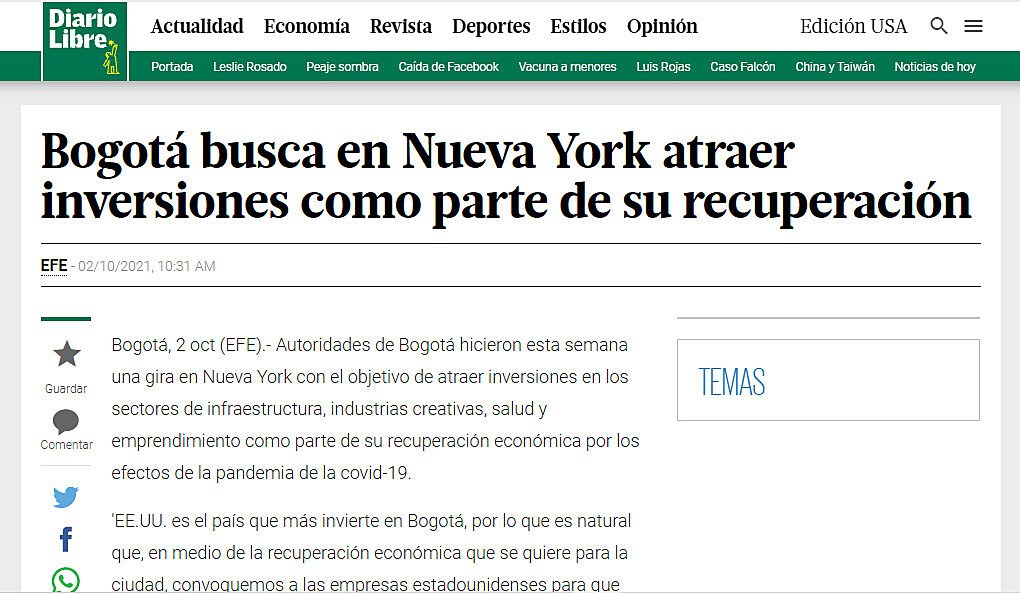 Bogot busca en Nueva York atraer inversiones como parte de su recuperacin